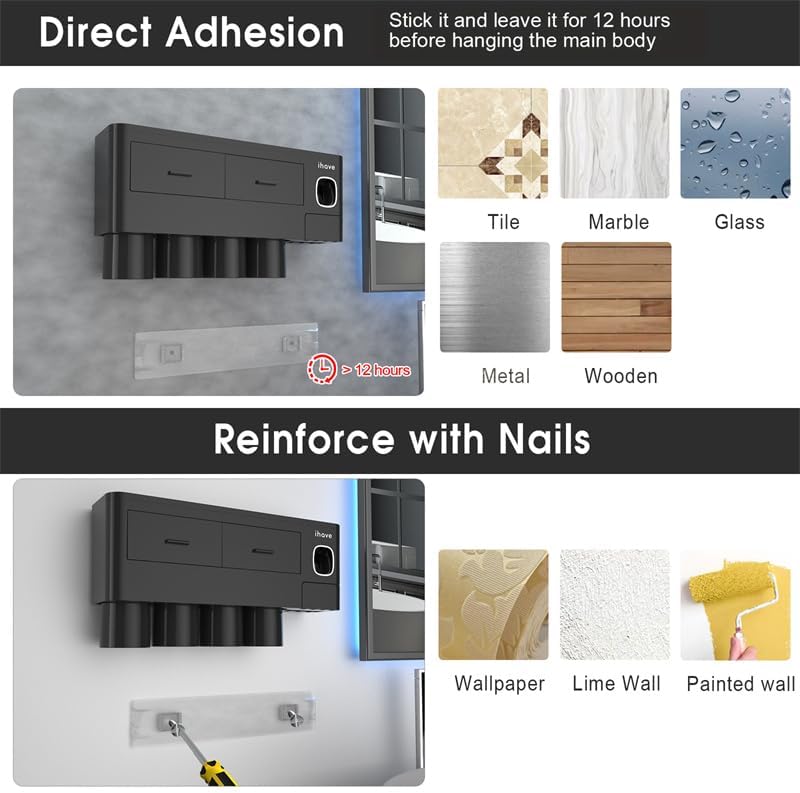 iHave حاملات فرشاة الأسنان للحمامات، حامل فرشاة الأسنان 4 أكواب مثبت على الحائط مع موزع معجون الأسنان - صينية بسعة كبيرة، 2 درج تجميلي - تخزين الحمام وتنظيم الحمام - Image 5